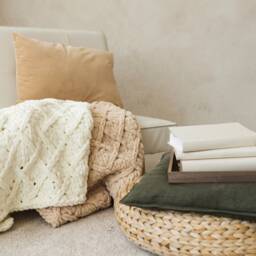 Beige Knit Blanket, Handmade Light Brown Boho Home Decor, White Leather Armchair Cover Throw With Diamonds - thumbnail 3