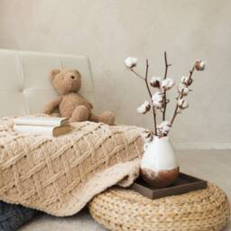 Beige Knit Blanket, Handmade Light Brown Boho Home Decor, White Leather Armchair Cover Throw With Diamonds - thumbnail 2