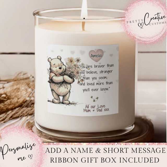 Personalised Braver, Stronger Scented Candle, Daughter Gift, Friends Birthday, Classic Pooh Quote Thinking Of You Gift - image 1