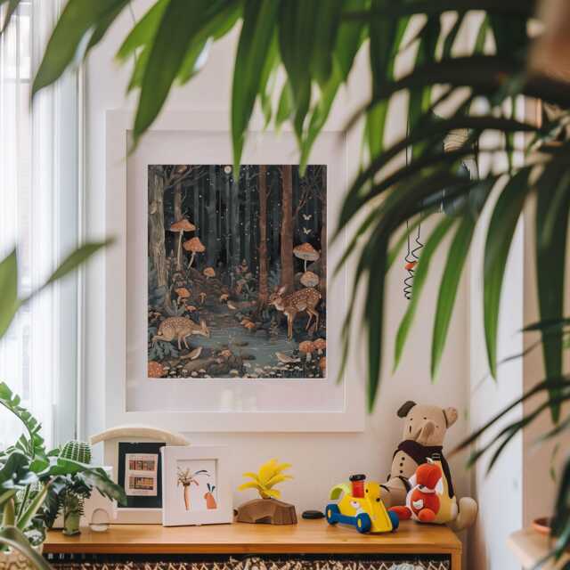 Forest Animals At Night Wall Art Print - Vintage Whimsical Illustration, Archival Quality Matte Fine Art Print. Children's Room, Nursery - image 1