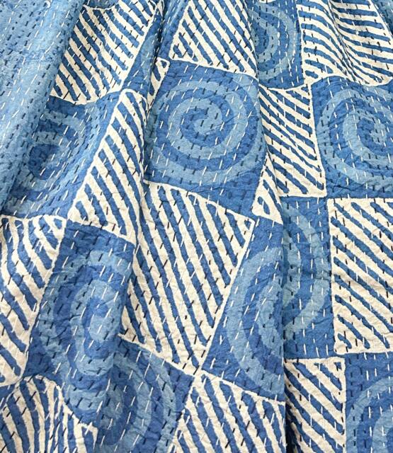 Kantha Stitch Pure Cotton Reversible Bed/Sofa Throw King Size Handmade Dohar - White Indigo Blue Geometric Checks Swirls Stripe - image 1