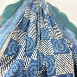Kantha Stitch Pure Cotton Reversible Bed/Sofa Throw King Size Handmade Dohar - White Indigo Blue Geometric Checks Swirls Stripe - thumbnail 2