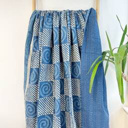 Kantha Stitch Pure Cotton Reversible Bed/Sofa Throw King Size Handmade Dohar - White Indigo Blue Geometric Checks Swirls Stripe - thumbnail 3
