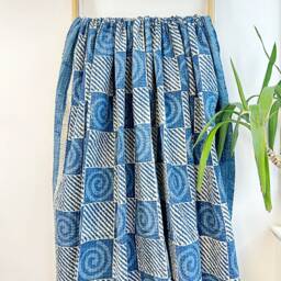 Kantha Stitch Pure Cotton Reversible Bed/Sofa Throw King Size Handmade Dohar - White Indigo Blue Geometric Checks Swirls Stripe - thumbnail 4
