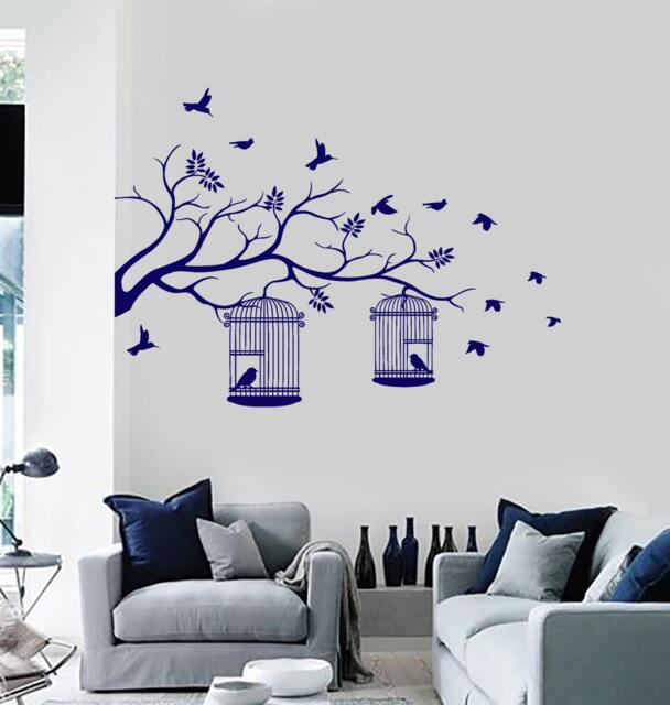 Wall Vinyl Decal Tree Branch With Bird Cages Leaves Birds Modern Center Focal Point Decor - #1054Dz - image 1