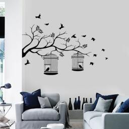 Wall Vinyl Decal Tree Branch With Bird Cages Leaves Birds Modern Center Focal Point Decor - #1054Dz - thumbnail 2