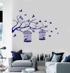 Wall Vinyl Decal Tree Branch With Bird Cages Leaves Birds Modern Center Focal Point Decor - #1054Dz - thumbnail 1