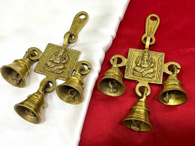 Lord Ganesha Brass Wall Hanging With Three Bells Remover Of Obstacles & God Beginnings, Home Office Decor - 1 Pc - image 1