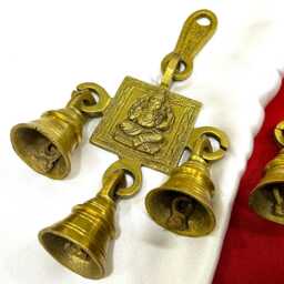 Lord Ganesha Brass Wall Hanging With Three Bells Remover Of Obstacles & God Beginnings, Home Office Decor - 1 Pc - thumbnail 2