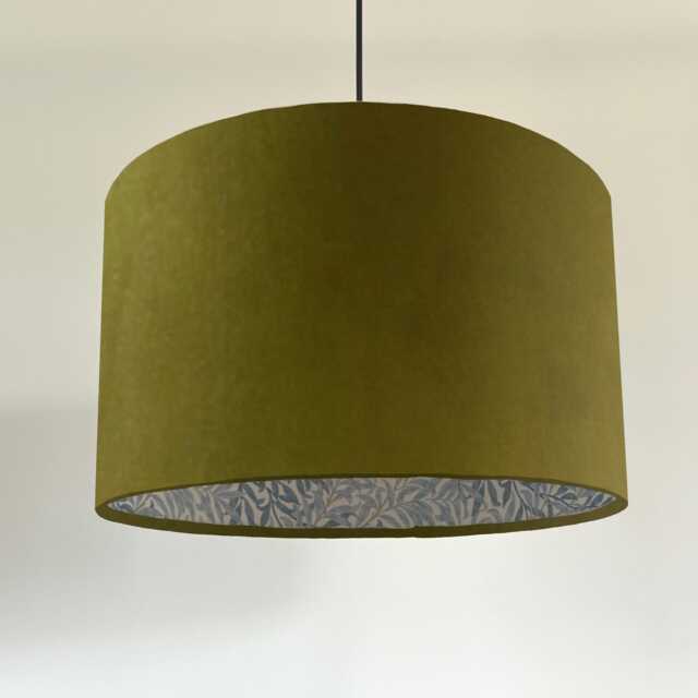 Olive Velvet Drum Lampshade, With William Morris Blue Willow Cotton Interior, Double-Sided Ceiling Light Shade - image 1