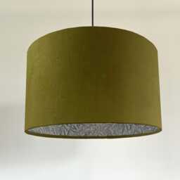 Olive Velvet Drum Lampshade, With William Morris Blue Willow Cotton Interior, Double-Sided Ceiling Light Shade - thumbnail 1