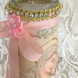 Blessed Mother Prayer Candle Shabby Chic Madonna, Rhinestone Altar Decor - thumbnail 3