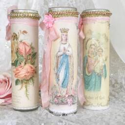 Blessed Mother Prayer Candle Shabby Chic Madonna, Rhinestone Altar Decor - thumbnail 4