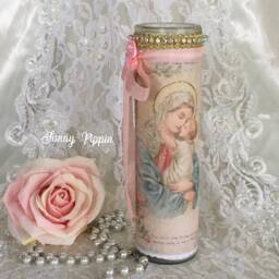 Blessed Mother Prayer Candle Shabby Chic Madonna, Rhinestone Altar Decor - thumbnail 2