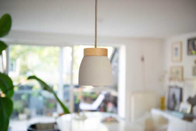 No. 11 S - Ceramic Lamp Light Gray/Dark Pendant Textile Cable Oak Wood Led Dining Table Counter Work E14 - image 1
