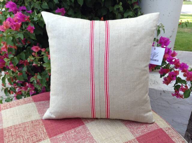 Vintage Grain Sack Pillow, Beige With Red Stripe - image 1