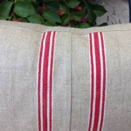 Vintage Grain Sack Pillow, Beige With Red Stripe - thumbnail 3