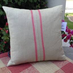 Vintage Grain Sack Pillow, Beige With Red Stripe - thumbnail 2