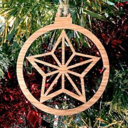 Wooden Star Bauble Christmas Tree Decoration - Beautiful Xmas Ornament in Oak, Walnut Cherry Wood Or Silver, Gold, Red, Green Glitter - thumbnail 1