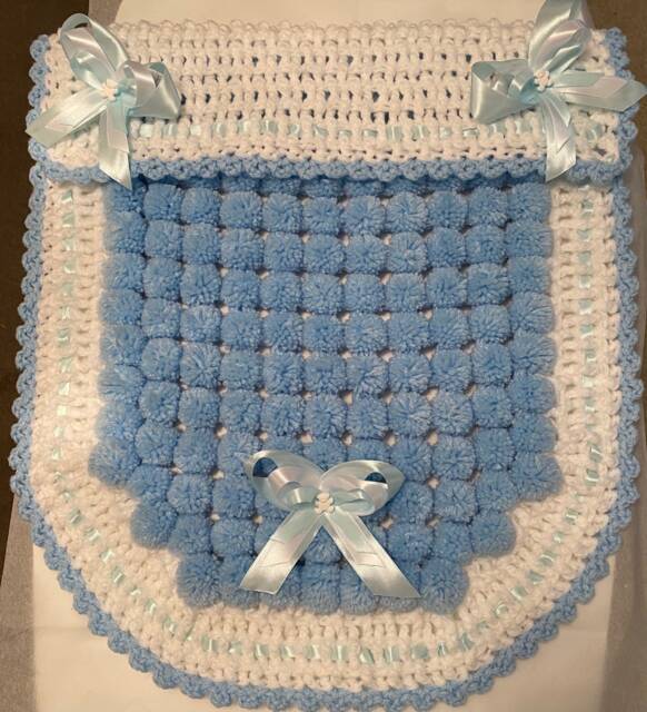 Blue & White Baby Pom Blanket Crocheted Edge & Ribbons - image 1