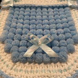 Blue & White Baby Pom Blanket Crocheted Edge & Ribbons - thumbnail 3
