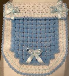Blue & White Baby Pom Blanket Crocheted Edge & Ribbons