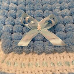 Blue & White Baby Pom Blanket Crocheted Edge & Ribbons - thumbnail 4
