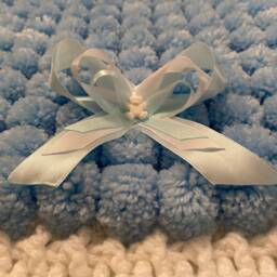 Blue & White Baby Pom Blanket Crocheted Edge & Ribbons - thumbnail 2