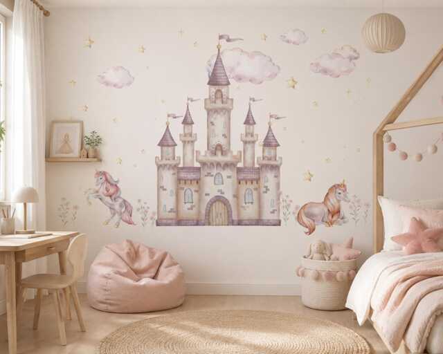 Princess Castle Wall Decal Set With Unicorns - Peel & Stick Fairy Tale Stickers Girls Nursery Decor Removable Fabric - image 1