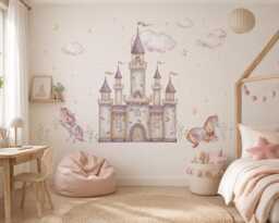 Princess Castle Wall Decal Set With Unicorns - Peel & Stick Fairy Tale Stickers Girls Nursery Decor Removable Fabric - thumbnail 1