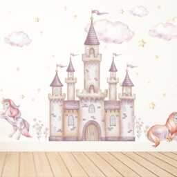Princess Castle Wall Decal Set With Unicorns - Peel & Stick Fairy Tale Stickers Girls Nursery Decor Removable Fabric - thumbnail 2