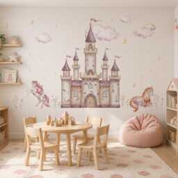 Princess Castle Wall Decal Set With Unicorns - Peel & Stick Fairy Tale Stickers Girls Nursery Decor Removable Fabric - thumbnail 4