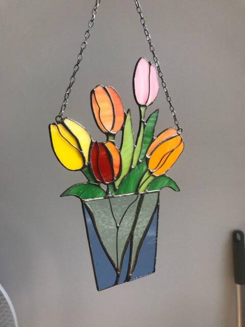 Mum Bouquet Flower Tulips Stained Glass Suncatcher Home House Decor Flowerpot Window Wall Hangings Living Room Art, Grandma Mother's Gift - image 1