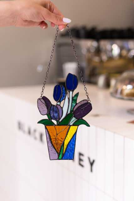 Mum Bouquet Flower Tulips Stained Glass Suncatcher Home House Decor Flowerpot Window Wall Hangings Living Room Art, Grandma Mother's Gift - image 1