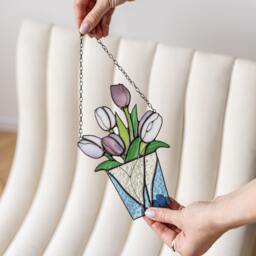 Mum Bouquet Flower Tulips Stained Glass Suncatcher Home House Decor Flowerpot Window Wall Hangings Living Room Art, Grandma Mother's Gift - thumbnail 4