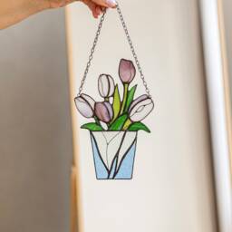 Mum Bouquet Flower Tulips Stained Glass Suncatcher Home House Decor Flowerpot Window Wall Hangings Living Room Art, Grandma Mother's Gift - thumbnail 2