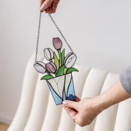 Mum Bouquet Flower Tulips Stained Glass Suncatcher Home House Decor Flowerpot Window Wall Hangings Living Room Art, Grandma Mother's Gift - thumbnail 3