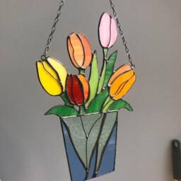 Mum Bouquet Flower Tulips Stained Glass Suncatcher Home House Decor Flowerpot Window Wall Hangings Living Room Art, Grandma Mother's Gift - thumbnail 2