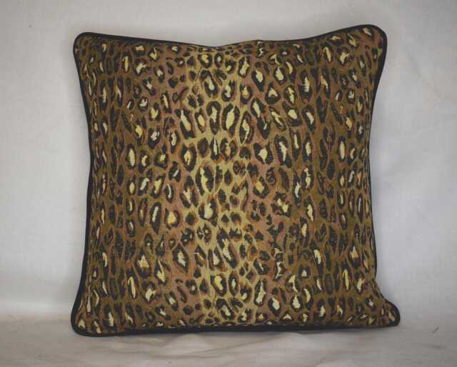 Cheetah Animal Skin Decorative Black Brown Gold Throw Pillow For Couch Sofa Chair Woven Jacquard Made in Usa Conplete With Piping - image 1