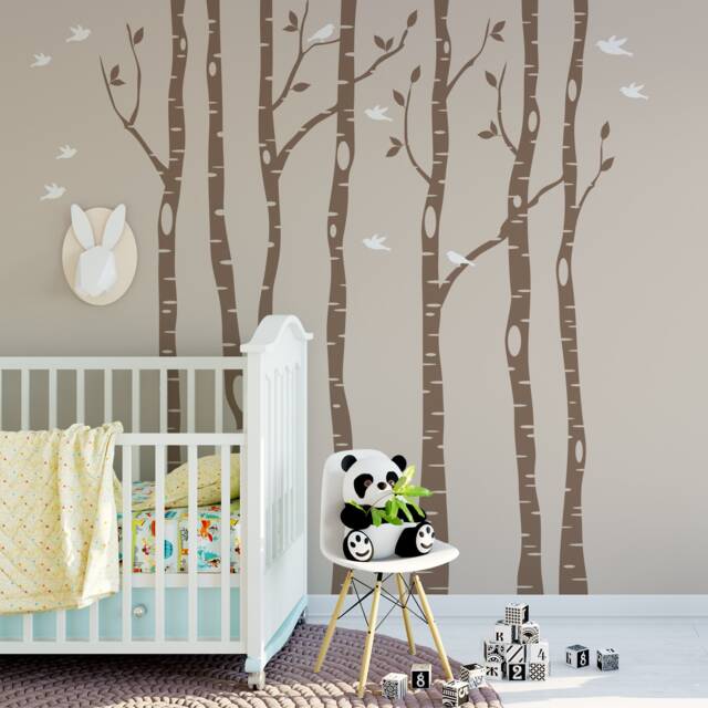 Nursery Decor Whimsical Woodland - 6 Birch Trees Wall Decal Forest Birds Removable Vinyl Sticker Neutral Baby Bedroom - image 1