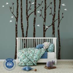 Nursery Decor Whimsical Woodland - 6 Birch Trees Wall Decal Forest Birds Removable Vinyl Sticker Neutral Baby Bedroom - thumbnail 2