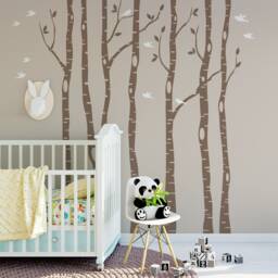 Nursery Decor Whimsical Woodland - 6 Birch Trees Wall Decal Forest Birds Removable Vinyl Sticker Neutral Baby Bedroom