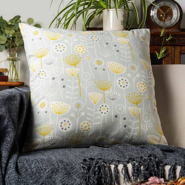 Scandinavian Floral Double Sided Extra-Large Cushion. 100% Cotton. On-Trend Grey & Mustard Yellow Geometric Design. 23x23 - image 1