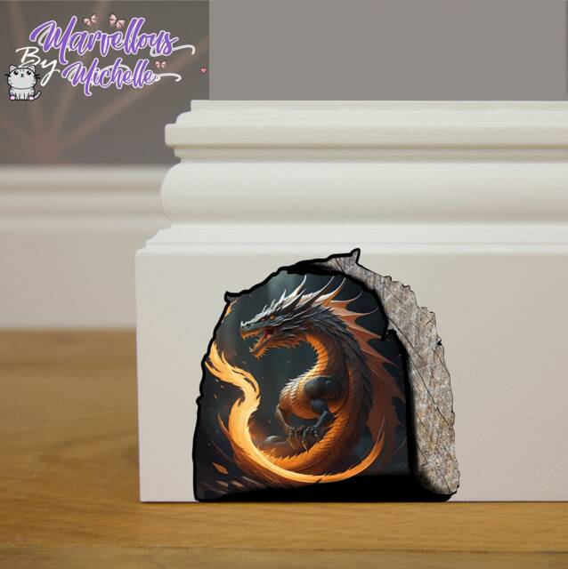 Handmade Fairytale Fire Breathing Dragon in Hole Mouse Wall, Skirting Board, Door Sticker, Decal Children's Kids Decoration G10