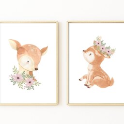 Deer Nursery Prints Watercolour, Floral Pink Woodland Girls Nursery, Flower Print Bedroom, Fawn Wall Art Kids - thumbnail 3