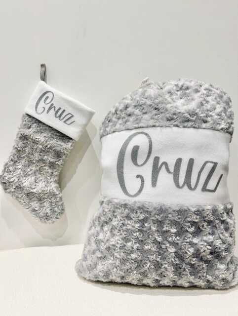 Luxury Personalised Plush Christmas Sack - Custom Stocking Grey & Set Kids Xmas Gift Matching - image 1
