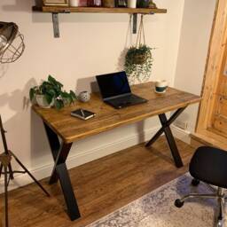 Rustic Computer Desk Reclaimed Scaffold Board With Black X Legs - thumbnail 3