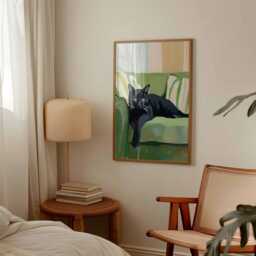 Black Cat Art Print, Lover Gift, Modern Animal Portrait, Cozy Home Decor, Feline Wall Art, Unique Pet Owner Gift - thumbnail 2