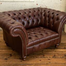 Old English Dark Brown Leather Chesterfield Snuggle Armchair, British Handmade - thumbnail 3