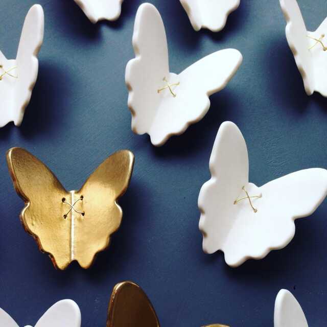 3D Porcelain Butterfly Wall Art, Gold & White Set Of 13 - image 1